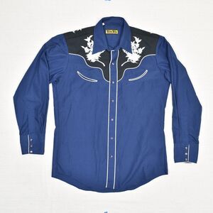 Tem Tex Men Pearl Snap Shirt Western Long Sleeve Cotton Blue Size 16 - 34 VTG